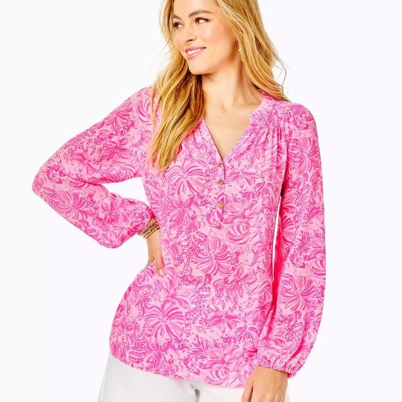 Lilly Pulitzer Tops - Lilly Pulitzer $178 Elsa Silk Top, Pink Blossom Foxy Llama, Size L